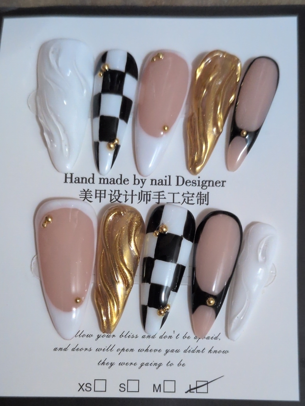 Handmade Nude, Black, White & Gold Press-On Nail Set Size Large